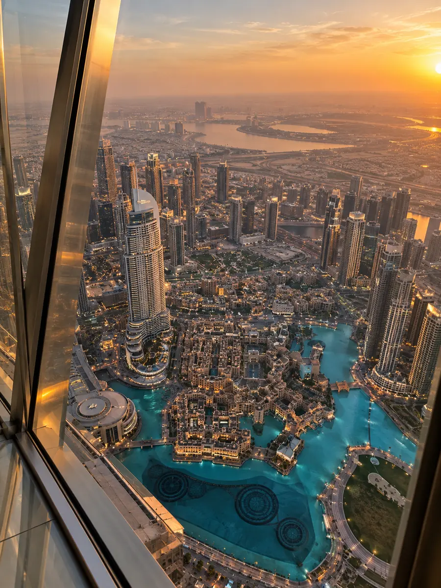 Blick von einer hohen Plattform durch schräges Glas auf Downtown Dubai und den Fontänensee zur goldenen Stunde