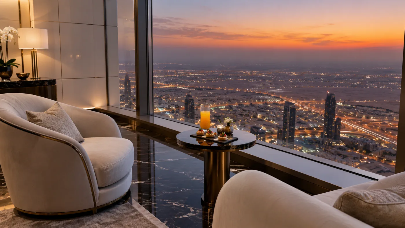 Eine Lounge mit schwarzem Granitboden, perlweißen Paneelen und einem breiten Fenster über den Lichtern der Stadt in der Abenddämmerung