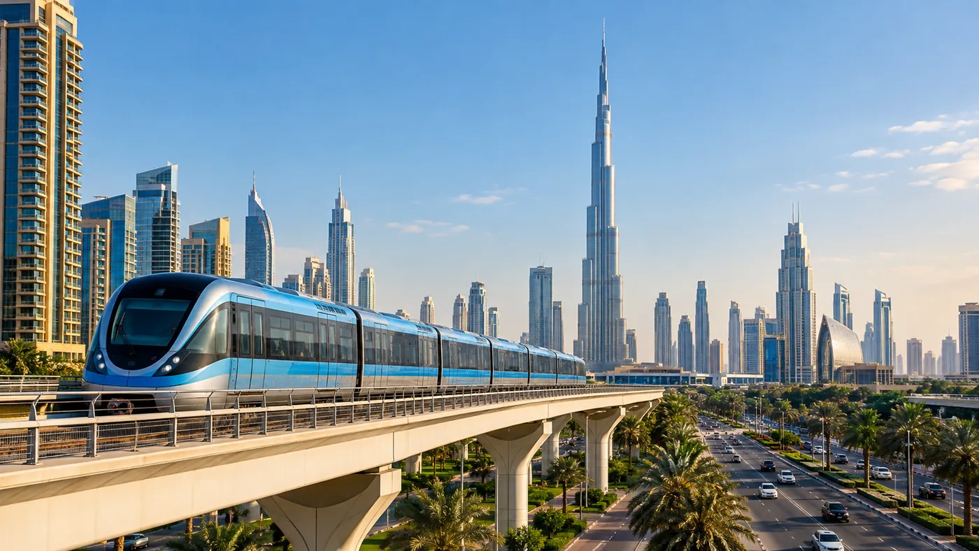 Ein Zug der Dubai Metro auf seiner Hochbahntrasse, dahinter der Burj Khalifa, darunter Palmen und eine Allee