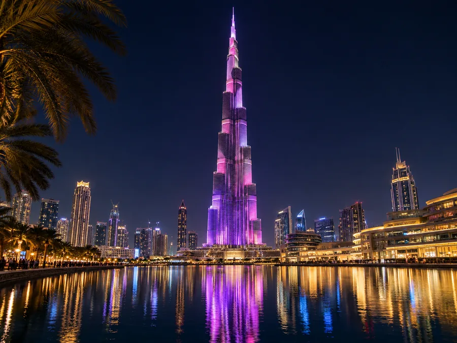 Der Burj Khalifa bei Nacht mit rosa und violett beleuchteter Fassade, gespiegelt im dunklen Burj Lake