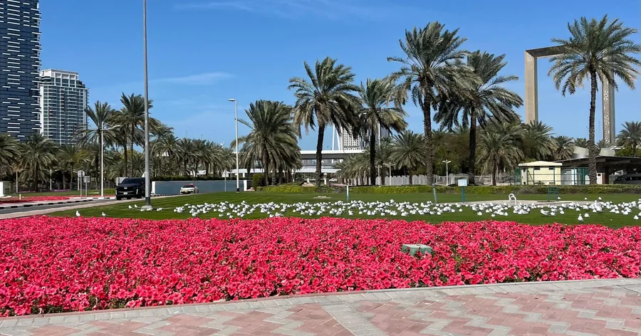 Der Burj Khalifa hinter einem Beet mit rosa Blumen und Palmen im Burj Park