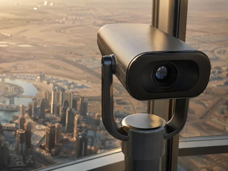 Ein digitales Fernrohr an einem hohen Fenster über der Stadt im warmen Abendlicht