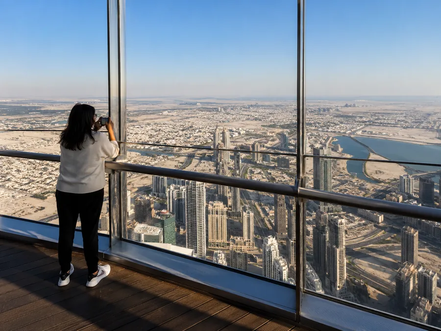 Ein Besucher von hinten, der durch das hohe Glas einer Aussichtsterrasse die Stadt tief unten fotografiert